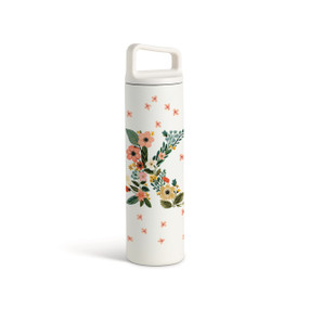 A white water bottle with a screw top handled lid. The front is monogrammed with the letter K. The letter is former with a design of orange flowers and green leaves.