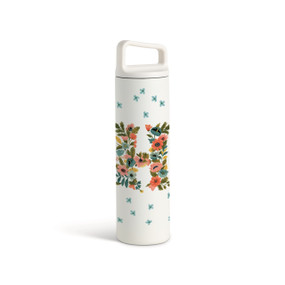 A white water bottle with a screw top handled lid. The front is monogrammed with the letter H. The letter is former with a design of orange flowers and green leaves.