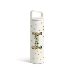 A white water bottle with a screw top handled lid. The front is monogrammed with the letter I. The letter is former with a design of orange flowers and green leaves.