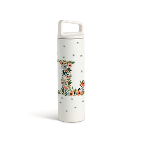 A white water bottle with a screw top handled lid. The front is monogrammed with the letter L. The letter is former with a design of orange flowers and green leaves.