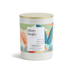 An 8 oz tester minty mojito scented candle in a round white container with a gold lid.