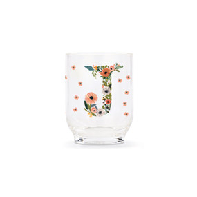 Front view of a 14 ounce clear acrylic tumbler monogrammed with the letter J. The letter is former with a design of orange flowers and green leaves.