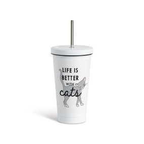 Front view of white tumbler with a white lid and metal straw, featuring an illustration of a gray cat at the center and "Life is better with cats" printed over the cat.
