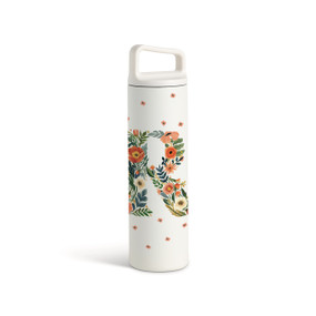 A white water bottle with a screw top handled lid. The front is monogrammed with the letter R. The letter is former with a design of orange flowers and green leaves.