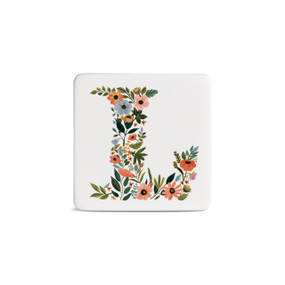 Front view of a square white magnet monogrammed with the letter L. The letter is former with a design of orange flowers and green leaves.