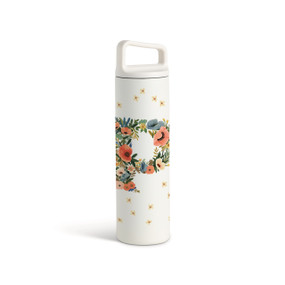 A white water bottle with a screw top handled lid. The front is monogrammed with the letter P. The letter is former with a design of orange flowers and green leaves.
