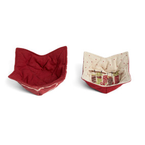 A set of two red and cream fabric bowl cozies with a stocking theme. They are displayed apart sitting next to each other.