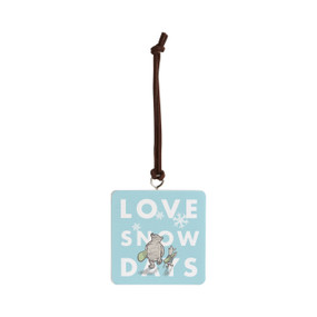 Front facing view of a light blue square magnet featuring an illustration of classic Winnie-the-Pooh and Piglet. Pooh carries a green snowboard. Piglet carries a set of skis. "Love Snow Days" is printed at the center.