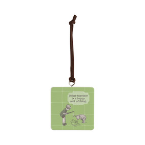 Front facing view of a light green square hanging ornament with illustrations of classic Winnie-the-Pooh and Christopher Robin. Christopher Robin holds a fishing rod, Pooh is looking into a bucket. "Being together is a happy sort of thing" is printed above the illustrations.