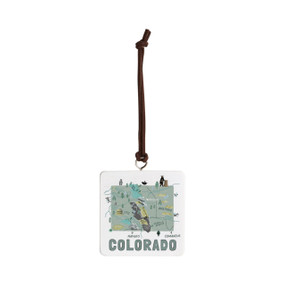 Front view of a white square ornament strung with a black cord for hanging with an illustrated map of Colorado with landmarks and cities.