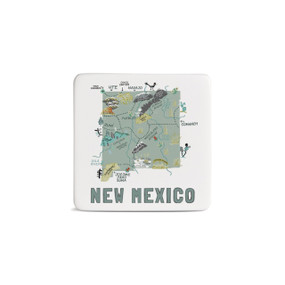 A white square magnet with an illustrated map of New Mexico with landmarks and cities.