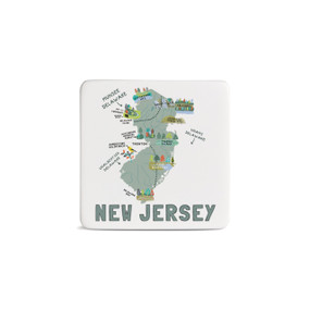 A white square magnet with an illustrated map of New Jersey with landmarks and cities.
