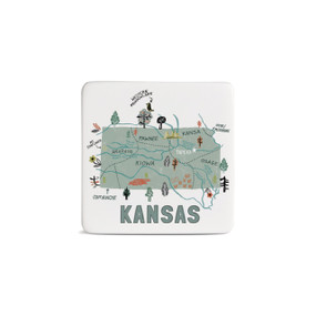 A white square magnet with an illustrated map of Kansas with landmarks and cities.