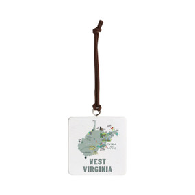 Front view of a white square ornament strung with a black cord for hanging with an illustrated map of West Virginia with landmarks and cities.