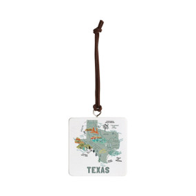 Front view of a white square ornament strung with a black cord for hanging with an illustrated map of Texas with landmarks and cities.