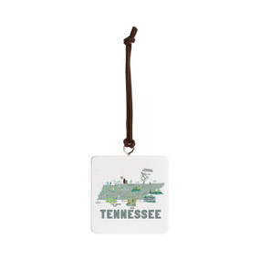 Front view of a white square ornament strung with a black cord for hanging with an illustrated map of Tennessee with landmarks and cities.