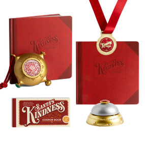 Composite image of Santa's Kindness items, including an ornament displaying a QR code, a journal, an award medal, a table bell  and a coupon book.