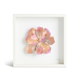 Front view of a white square shadow box. There is a large sculpted pink and orange flower at the center,