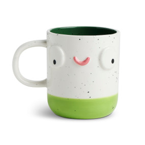 Front facing view of a white speckled character mug with a green base. The mug's handle is to the left. The mug is named Avery Green Outdoor Lover and has a smiling face on his front.