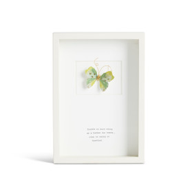 Front facing view of a white rectangular shadow box. At the top is a sculpted green and yellow butterfly with gold markings. "There's no such thing as a burden too heavy... when we carry it together." is printed in typeface centered at the bottom.