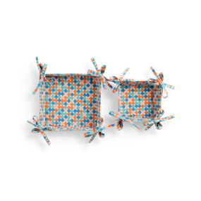 Set of 2 Light Blue Checkered Dots Fabric Trays Large: 8"sq., Small: 5"sq. by Ampersand Design Studio