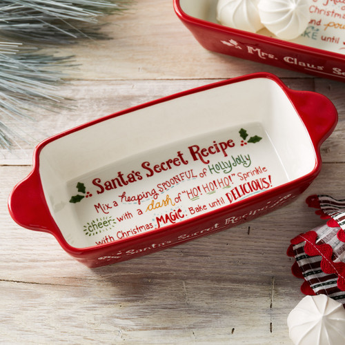 red baking dish with Santa's Secret Recipe printed inside