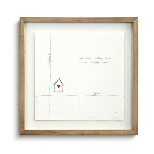 A simple line drawing with two "roads" connecting at a home with a red heart in the center placed in a wooden frame.