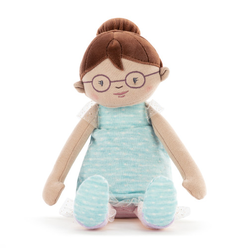 A fair doll with brunette hair in a striped blue dress and purple glasses.