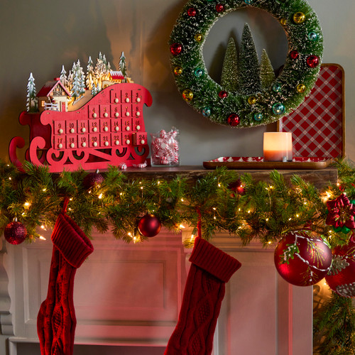 Here Comes Santa Claus Lit Sleigh Advent Coundown Calendar 18" x 13" slide 