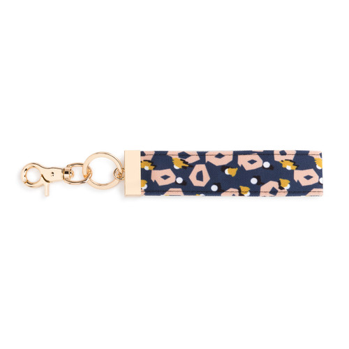 A blue, pink, and yellow animal print wrist strap with gold metal accents.