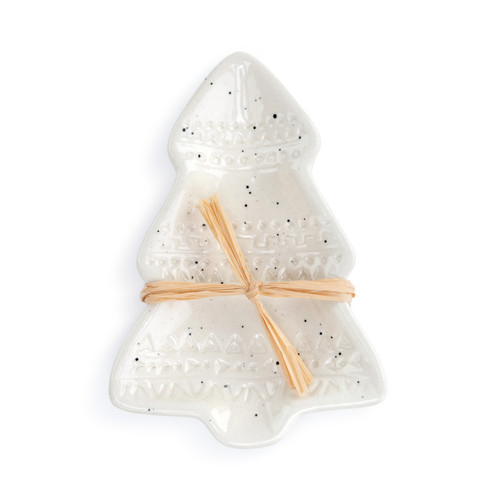 A set of four cream, textured and speckled decorative Christmas tree shaped plates. Stacked upon one another, and tied with an ivory bow.