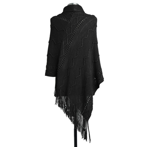 Textured Cowl Neck Poncho - Black slide 