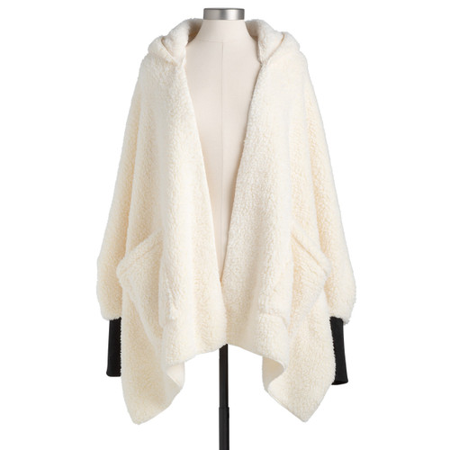 Comfort Collection Cream Sherpa Hooded Wrap With Cuffs  76" x 30" slide 