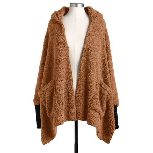 Sherpa Hooded Wrap with Cuffs - Camel slide 