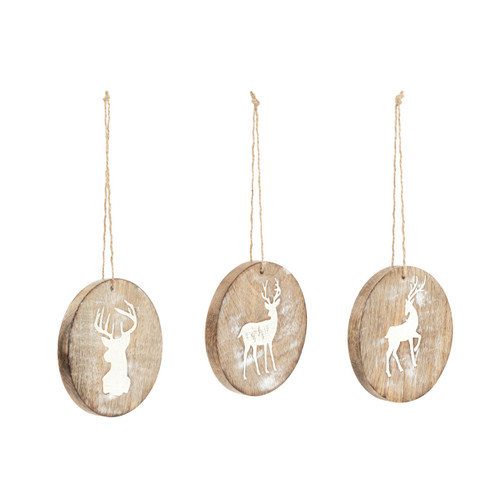 Round Whitewashed Wood Reindeer Ornaments - 3 Assorted slide 