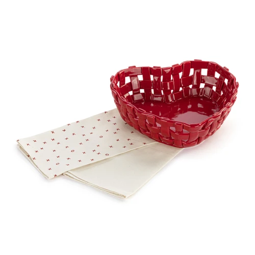 Gather 'Round Ceramic Red Heart Bread Basket With Towel slide 