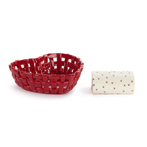 Gather 'Round Ceramic Red Heart Bread Basket With Towel slide 