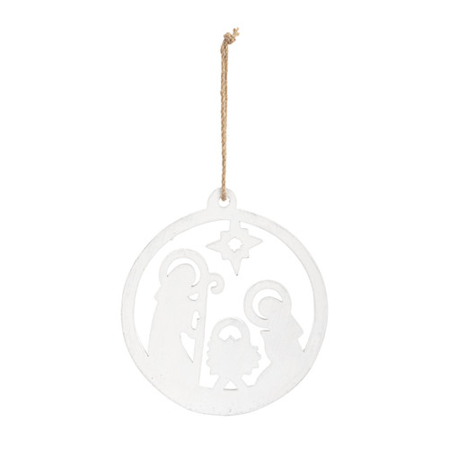 White Enamel Wood Nativity Round Ornament slide 
