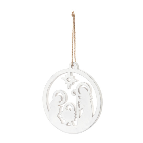 White Enamel Wood Nativity Round Ornament slide 