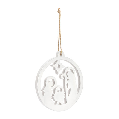 White Enamel Wood Nativity Round Ornament slide 