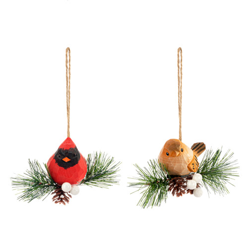 Wood Cardinal on Branch Ornaments - 2 Assorted slide 