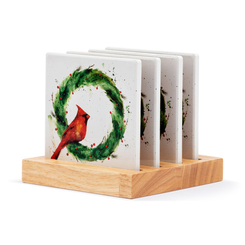 Cardinal in Holly Wreath Coasters - Set of 4 slide 