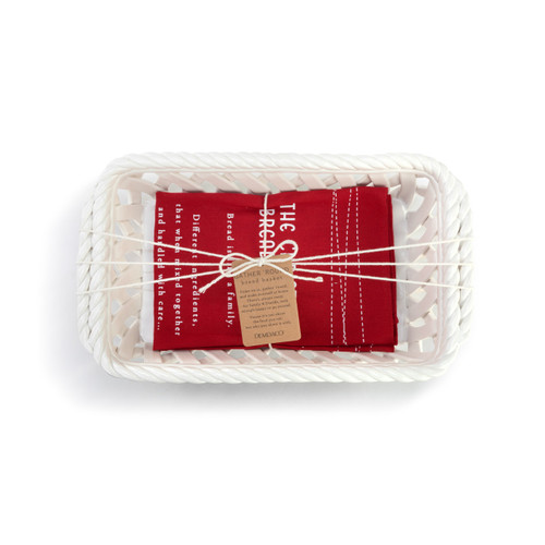 Gather 'Round Holiday Ceramic Bread Basket With Red Tea Towel slide 