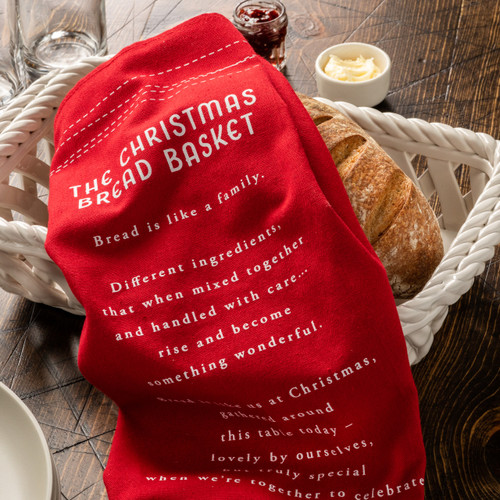 Gather 'Round Holiday Ceramic Bread Basket With Red Tea Towel slide 