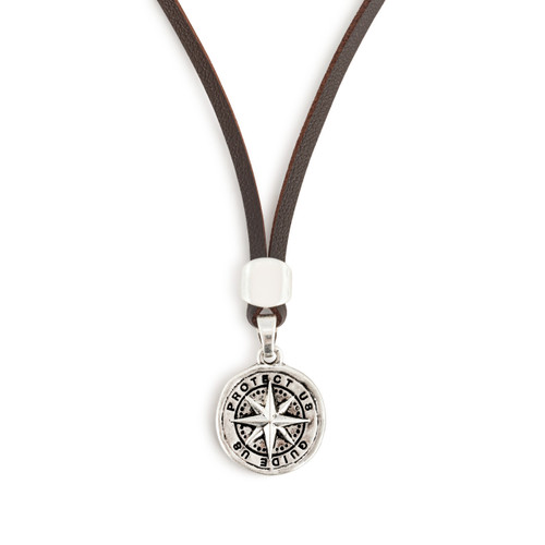 Men's Compass Necklace - Brown Leather slide 