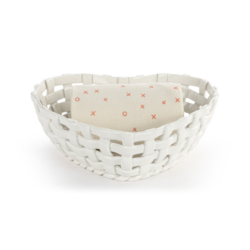 Gather 'Round Ceramic Heart-Shaped Bread Basket With Towel slide 