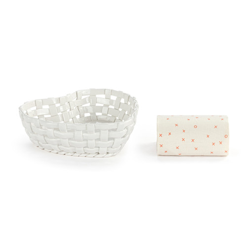 Gather 'Round Ceramic Heart-Shaped Bread Basket With Towel slide 