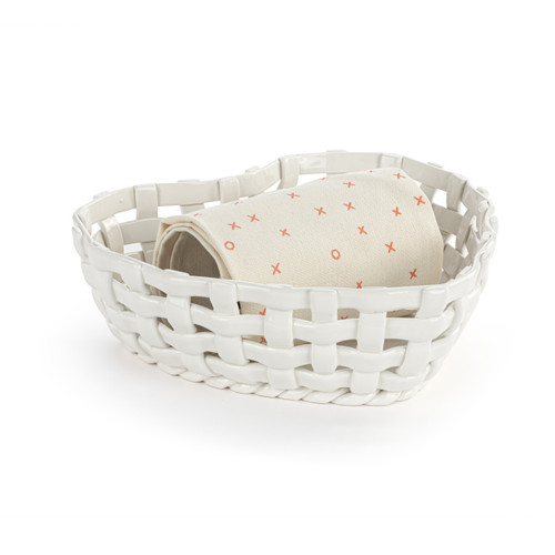 Gather 'Round Ceramic Heart-Shaped Bread Basket With Towel slide 