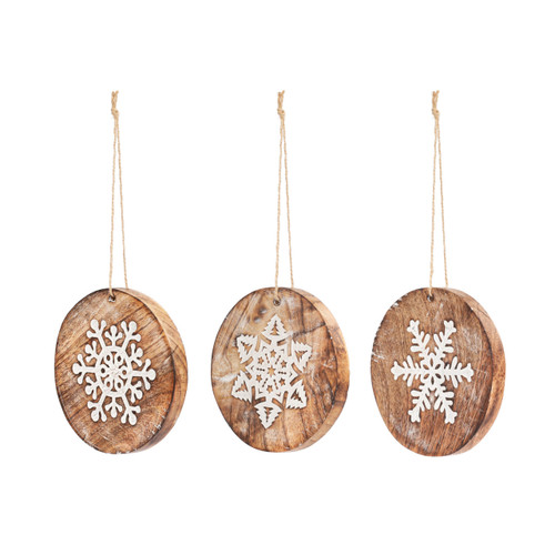 Round Whitewashed Wood Snowflake Ornaments - 3 Assorted slide 