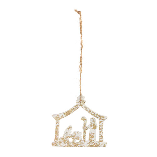 Nativity Scene Gold White Wood Ornament slide 